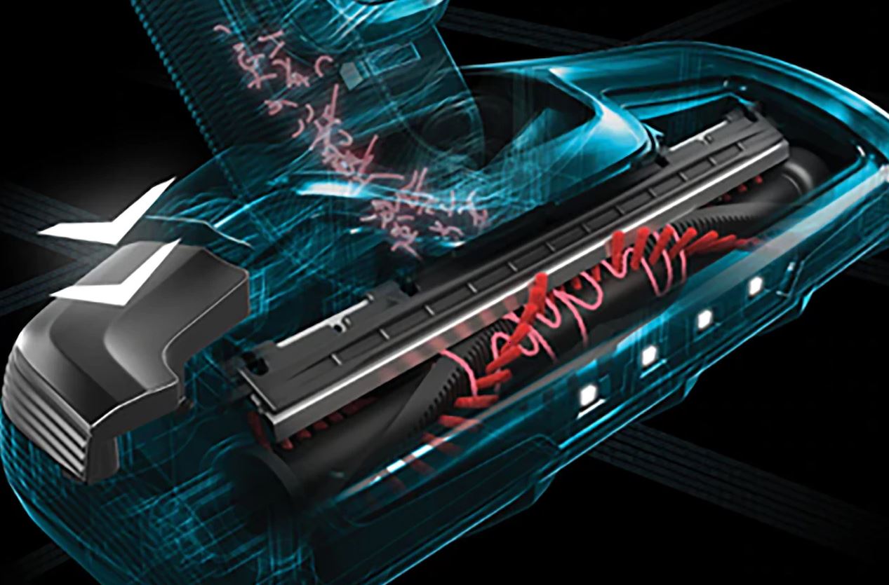 Automatically release stubborn hair and fibers from the vacuum brush by pressing a button at the top of the nozzle.