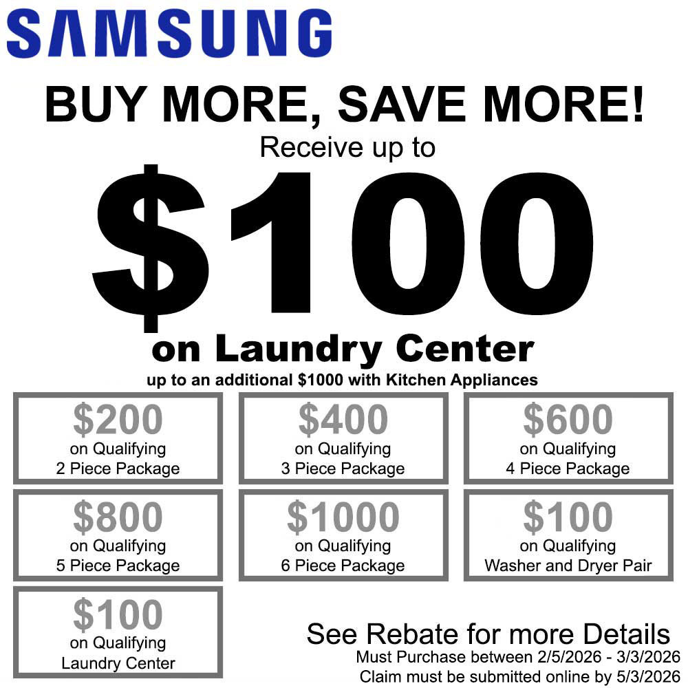Samsung NECO $100 Rebate on Laundry Center - February 2026